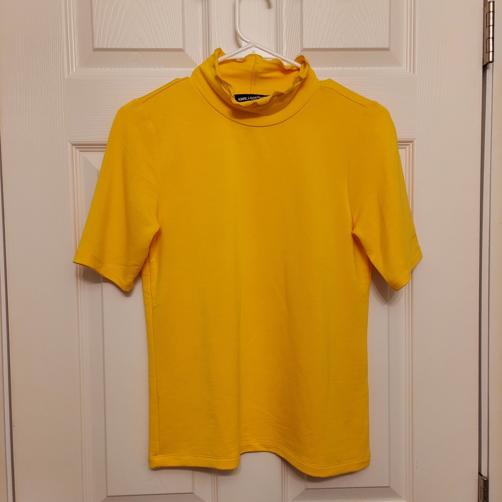 Karl Lagerfeld Yellow Short Sleeve Mock Neck Top